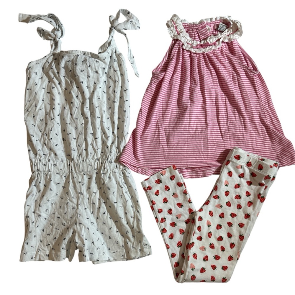 Pennymeade blue floral romper and strawberry print legging set 6/7